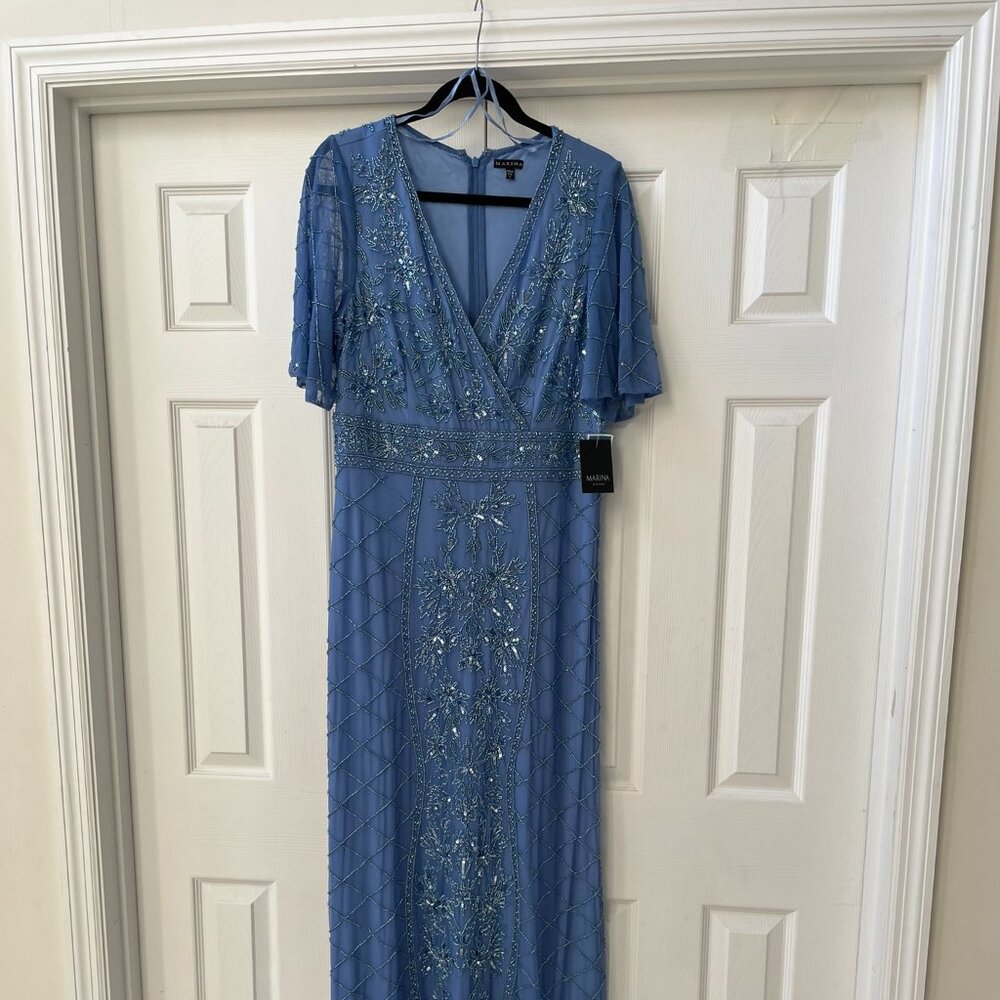 MARINA Light Blue Embellished Maxi Dress